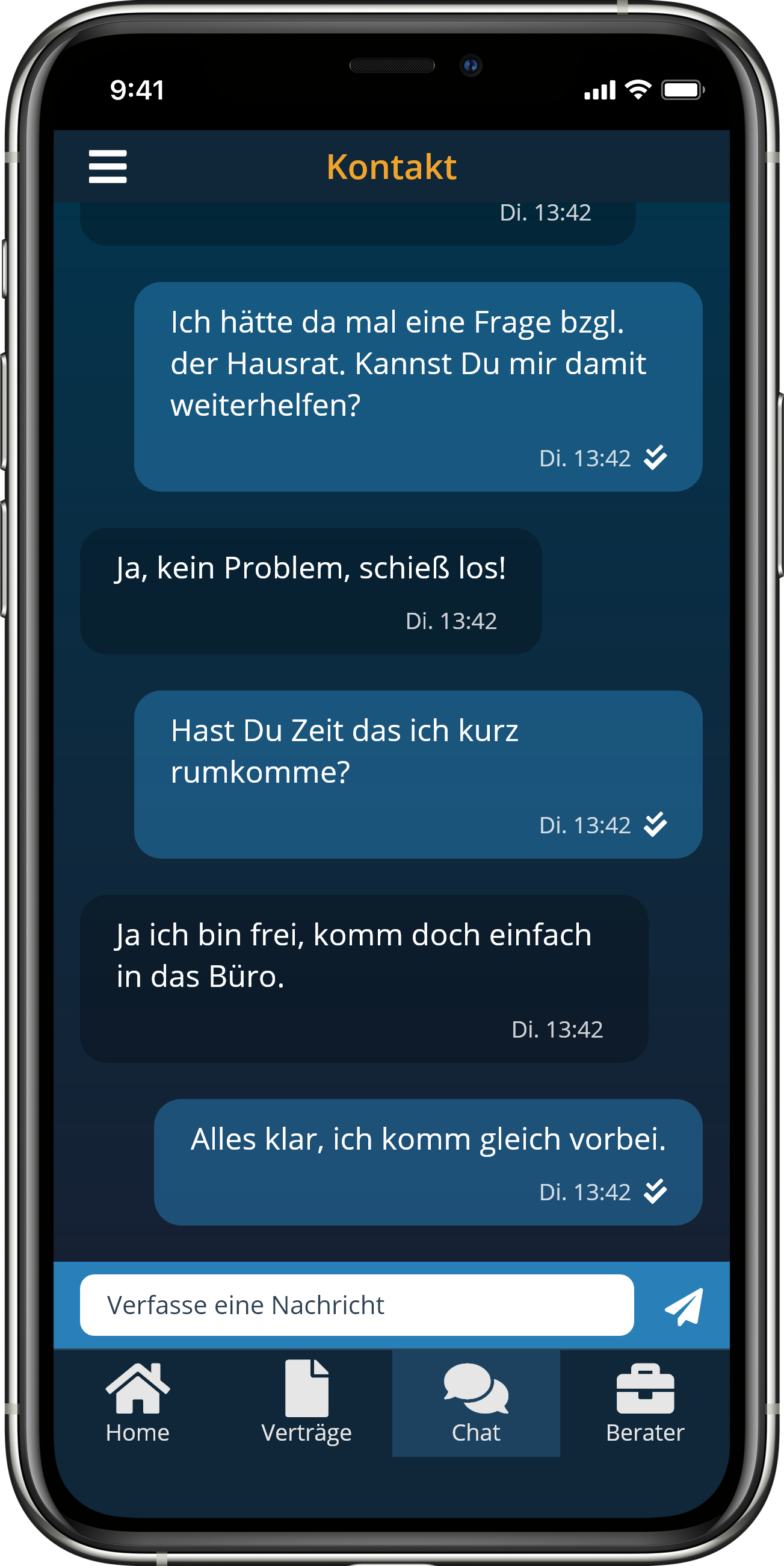 Chatansicht der EUFINA Kunden-App