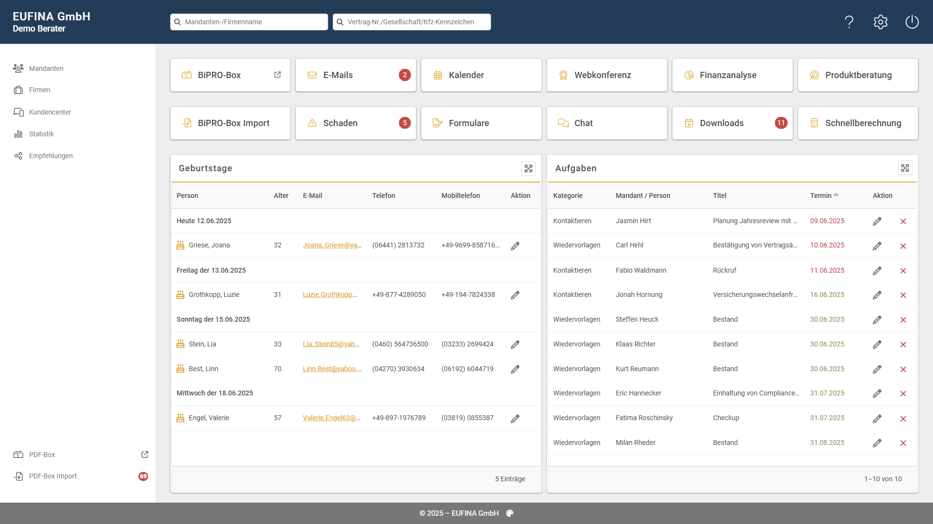 Dashboard der digitalen EUFINA-Arbeitsplattform